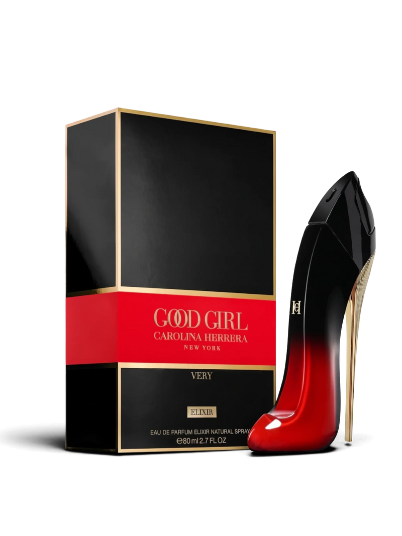 euaden Carolina Herrera Good Girl Very Elixir EDP, kırmızı ve siyah stiletto şişesi ve uyumlu kutu tasarımı