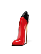 euaden tarafından sunulan, ikonik stiletto topuklu ayakkabı formunda kırmızı cam şişeli Carolina Herrera Very Good Girl