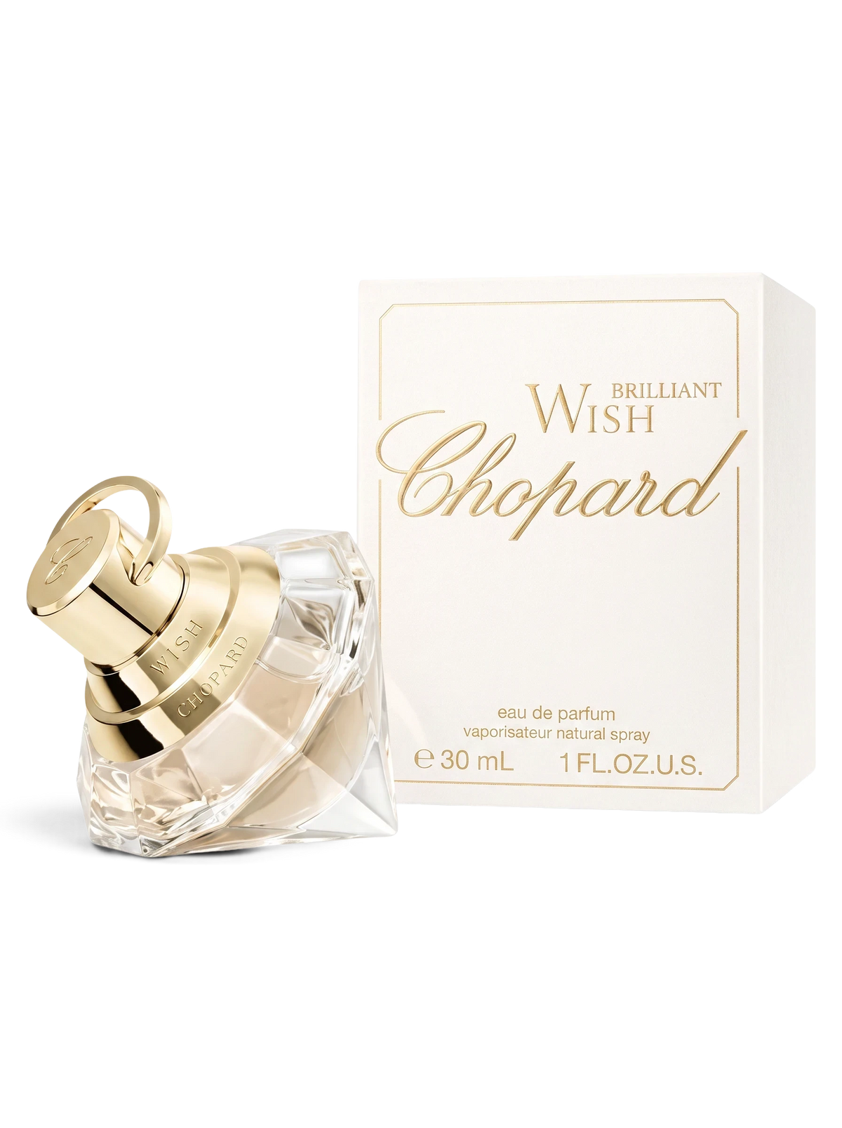 euaden Chopard Brilliant Wish kadın parfümü, elmas kesim altın kapaklı şık şişesi ve beyaz kutusu ile