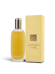 euaden Clinique Aromatics Elixir 100 ml kadın parfümü, şık buzlu cam şişesi ve altın sarısı kutusuyla