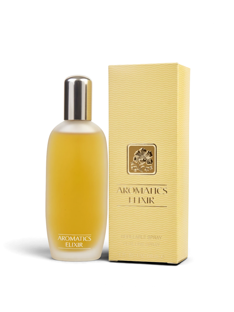 euaden Clinique Aromatics Elixir 100 ml kadın parfümü, şık buzlu cam şişesi ve altın sarısı kutusuyla