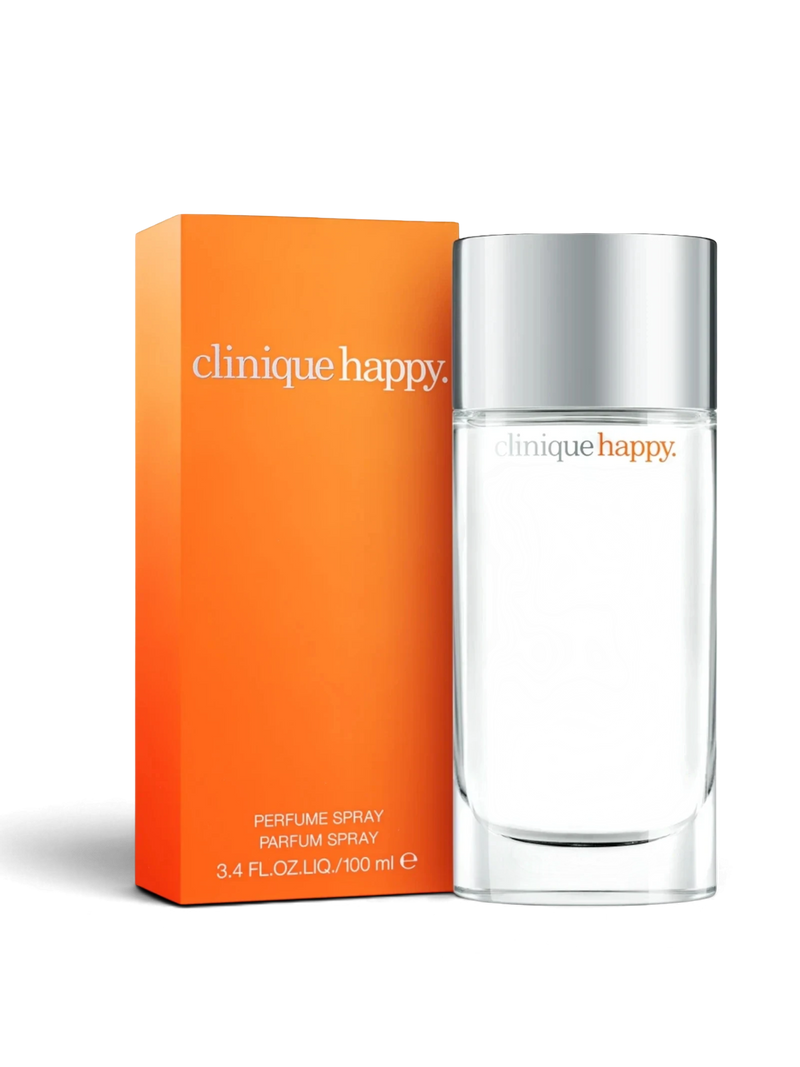 euaden Clinique Happy kadın parfümü, 100 ml şeffaf cam şişesi ve ikonik turuncu kutusu ile birlikte