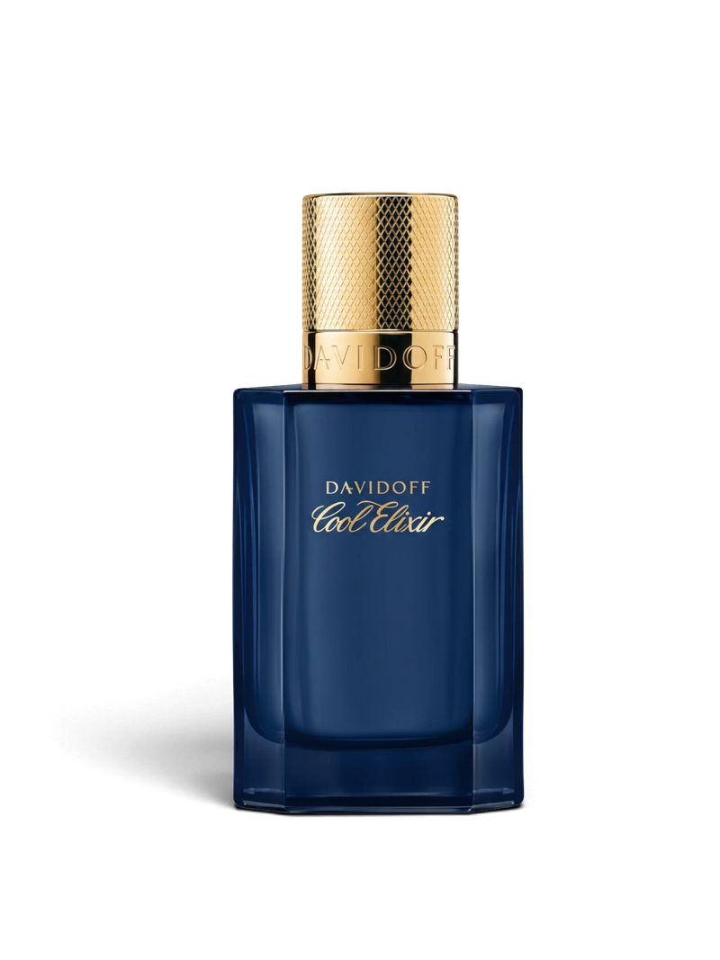 euaden Davidoff Cool Elixir Oud Aromatique unisex parfüm, altın kapaklı şık lacivert cam şişede sunuluyor.