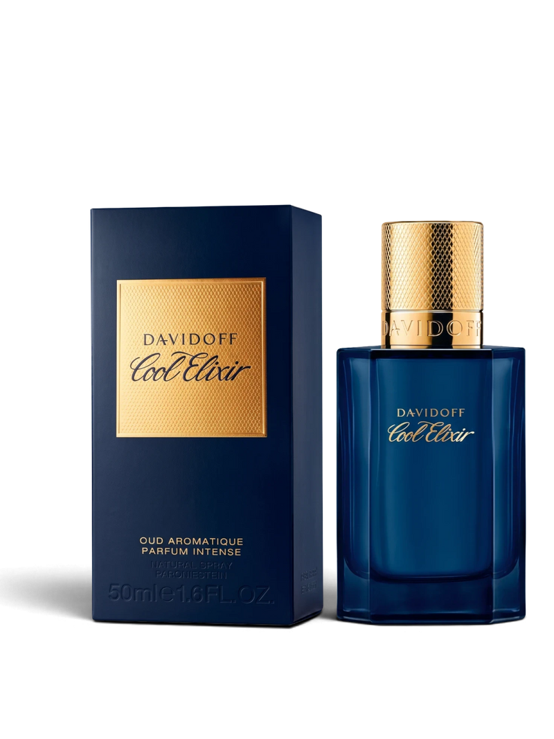euaden Davidoff Cool Elixir Oud Aromatique unisex parfüm, lacivert şişe ve altın detaylı kapak tasarımı