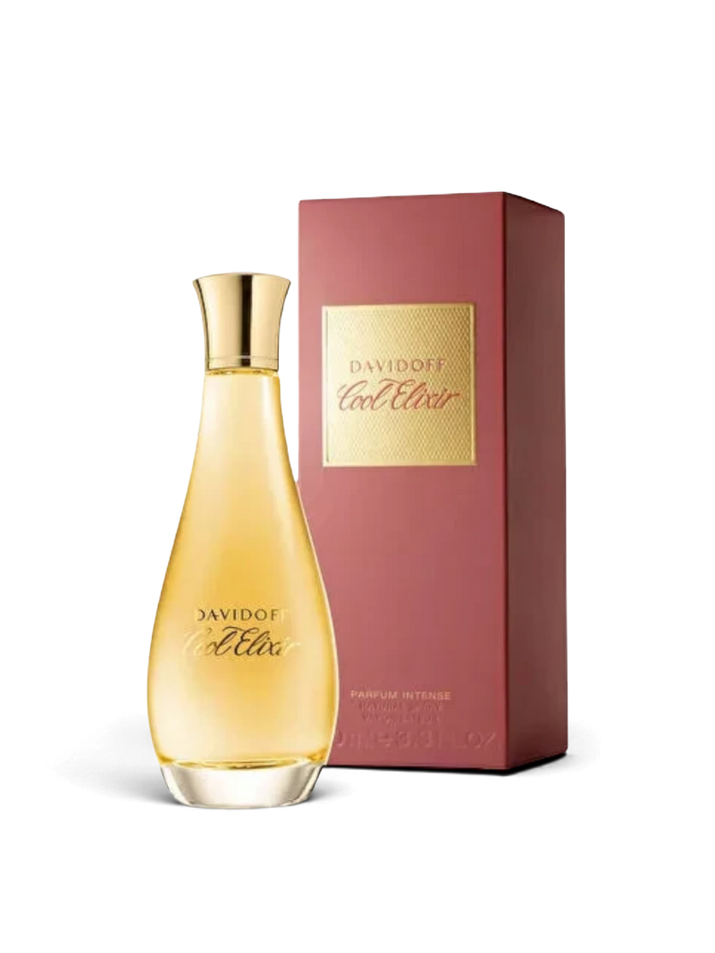 Euaden Davidoff Cool Elixir Woman Parfum Intense, altın kapaklı şık cam şişesi ve zarif pembe kutusuyla sunuluyor.