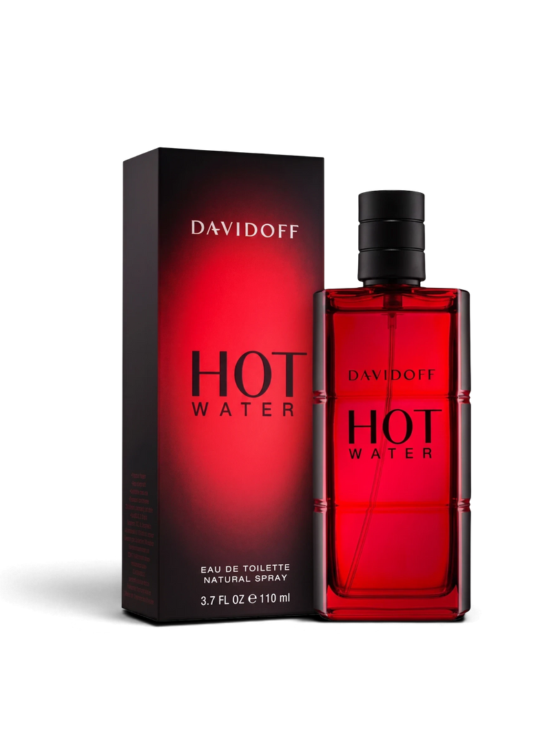 euaden Davidoff Hot Water erkek parfümü, 110 ml kırmızı cam şişe ve siyah kutusu ile modern ve ateşli tasarım.
