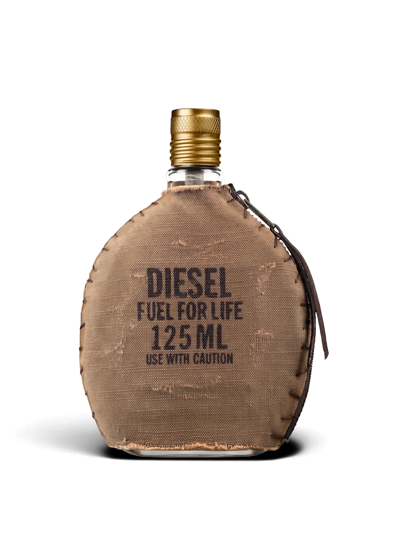 euaden DIESEL Fuel For Life erkek parfümü, kahverengi kanvas kılıflı 125 ml şişe tasarımıyla