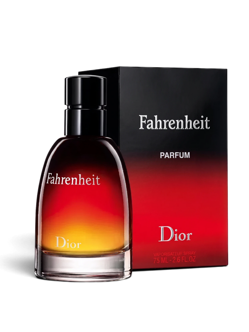 euaden Dior Fahrenheit erkek parfümü 75 ml, kırmızıdan siyaha geçişli ikonik şişe tasarımı ve kutusu ile