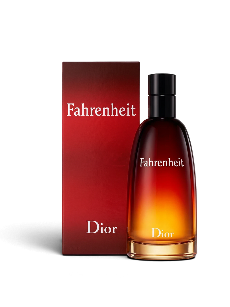 euaden Dior Fahrenheit erkek parfümü, kırmızıdan sarıya geçişli ikonik cam şişesi ve uyumlu kutusu ile