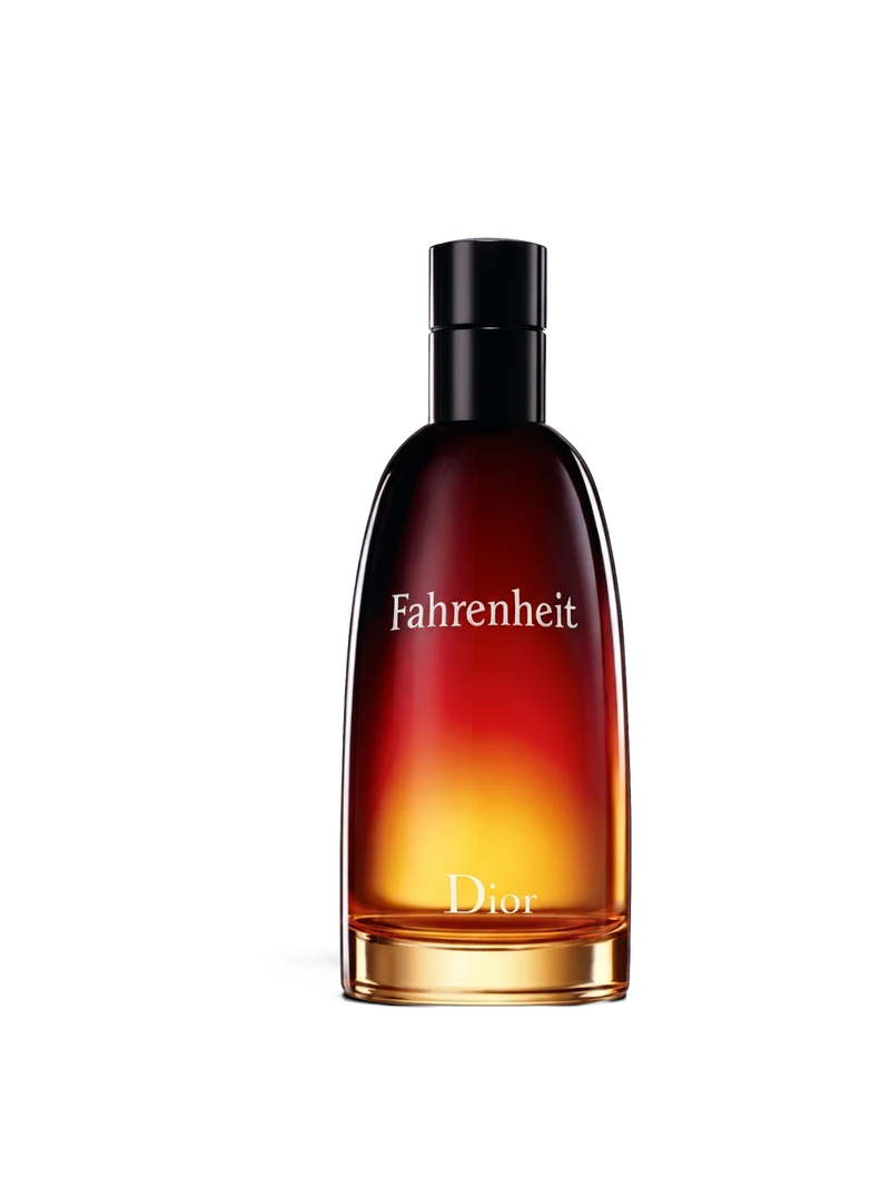 euaden Dior Fahrenheit erkek parfümü, kırmızıdan sarıya geçişli ikonik cam şişesiyle odunsu ve deri notalı koku.
