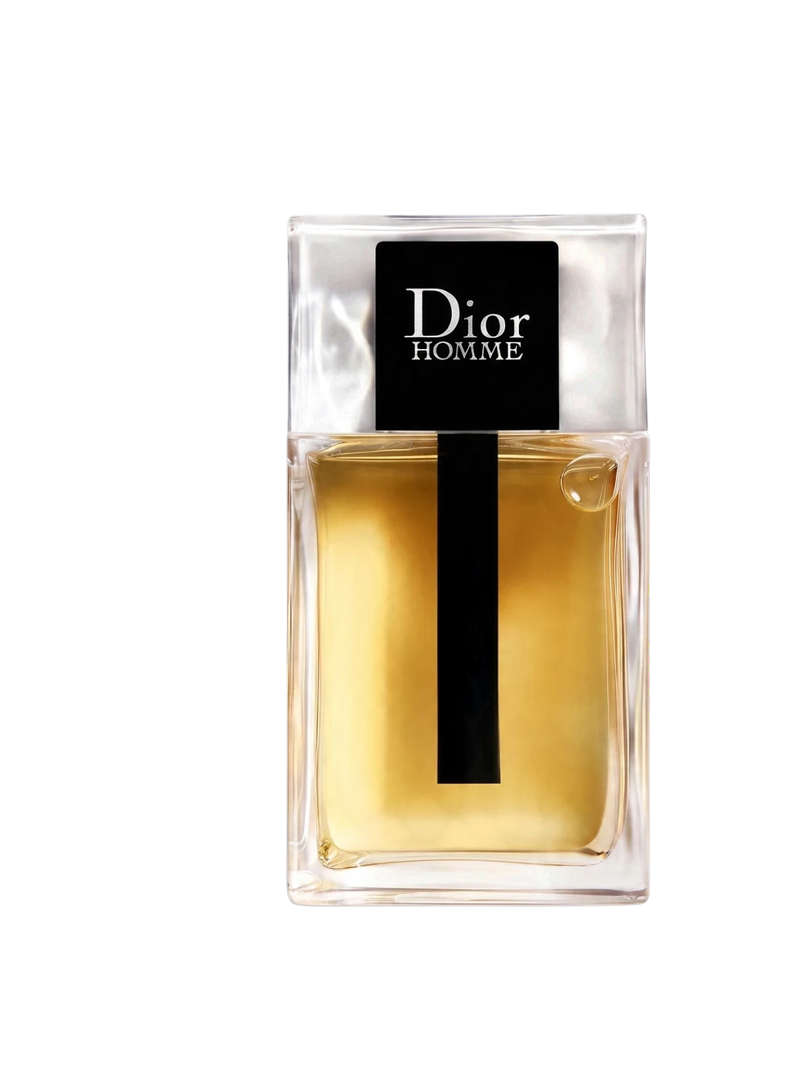 euaden Dior Homme erkek parfümü, şeffaf cam şişede kehribar renkli odunsu ve sofistike koku