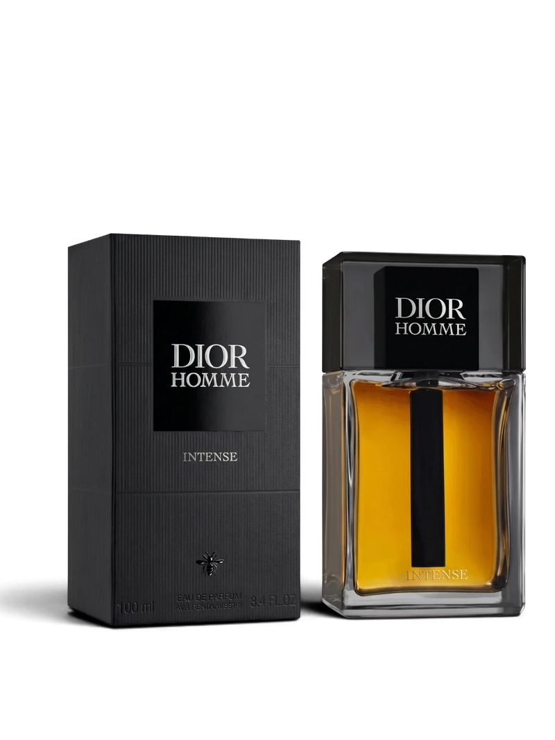 euaden Dior Homme Intense erkek parfümü, şık siyah kutusu ve kehribar renkli cam şişesiyle lüks odunsu koku tasarımı