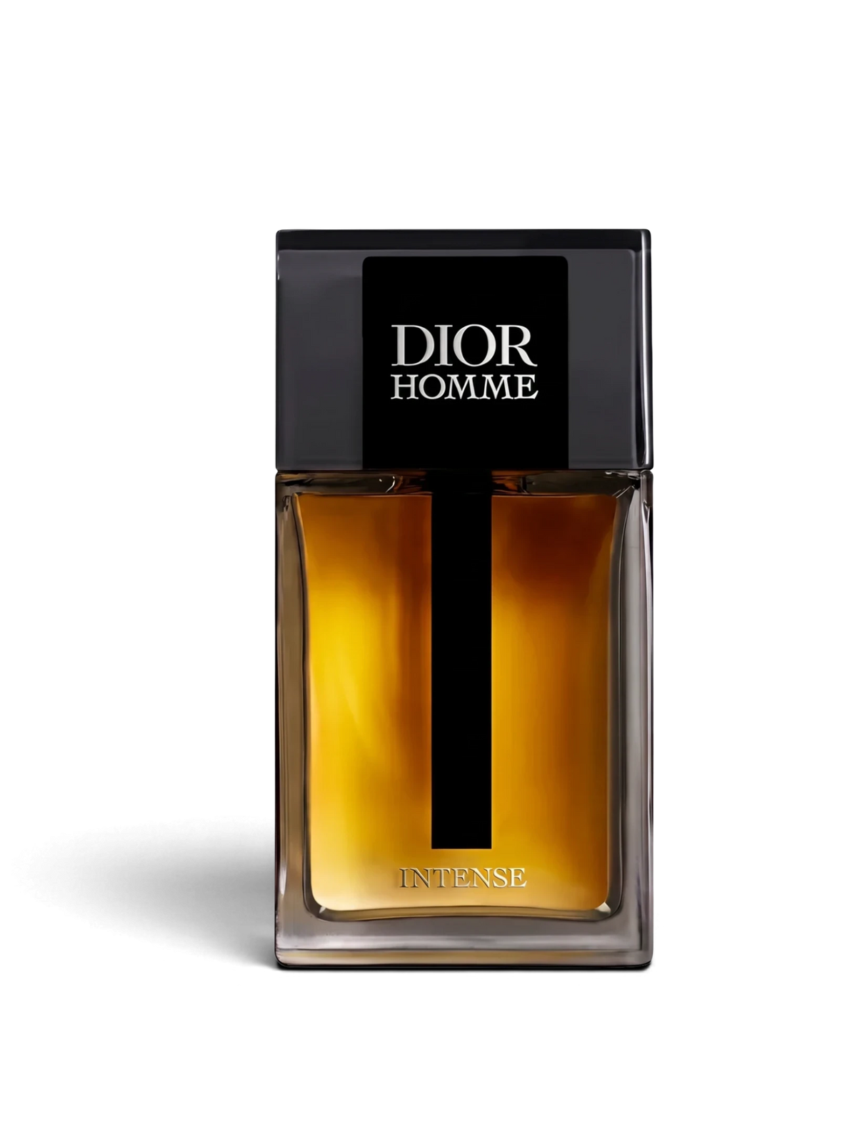 euaden Dior Homme Intense erkek parfümü, kehribar renkli cam şişesi ve zarif siyah kapağıyla lüks odunsu koku.