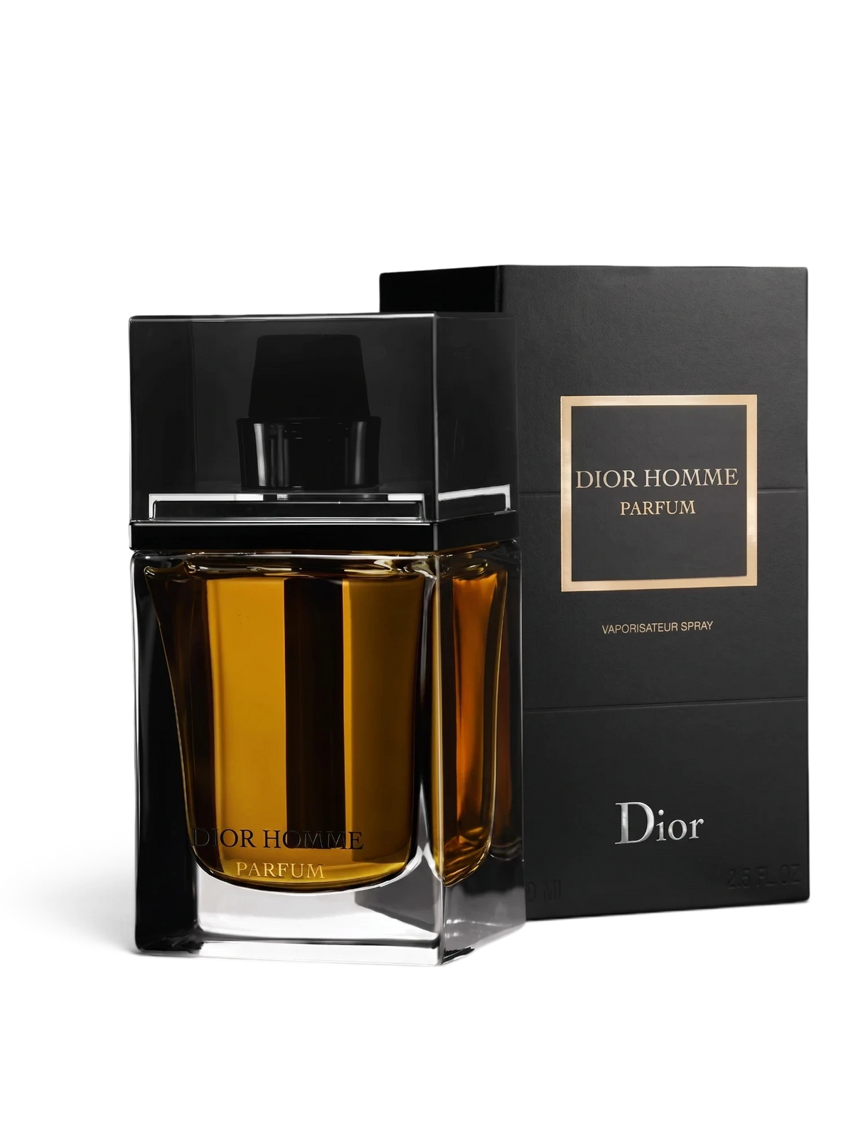 euaden Dior Homme Parfum erkek parfümü, şık siyah kutusu ve kehribar renkli cam şişesiyle lüks bir görünüm sunuyor.