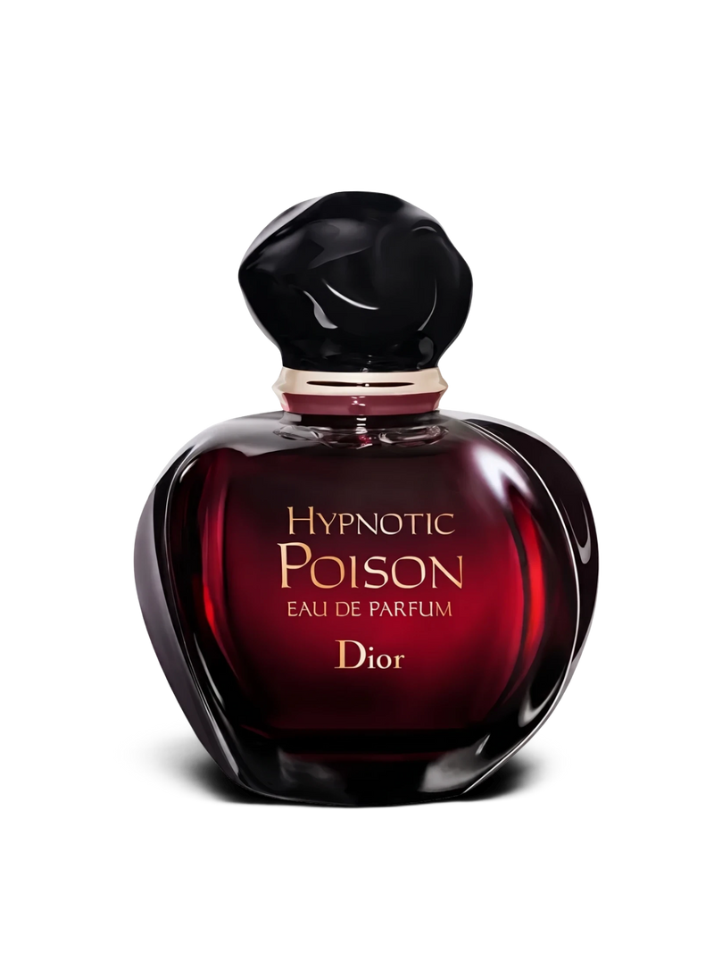 euaden Dior Hypnotic Poison EDP, koyu kırmızı cam şişesi ve siyah kapağıyla ikonik, gizemli kadın parfümü