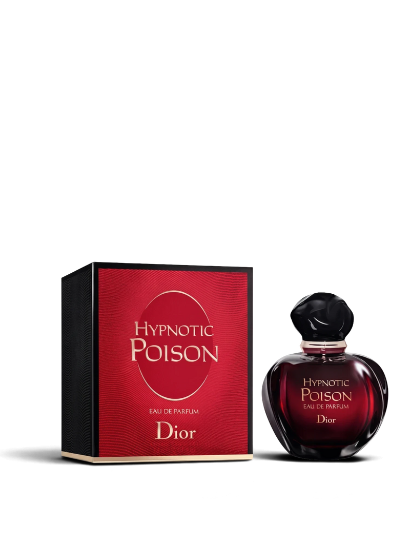 euaden Dior Hypnotic Poison EDP kadın parfümü ve kırmızı kutusu, ikonik elma formlu koyu kırmızı cam şişesiyle.