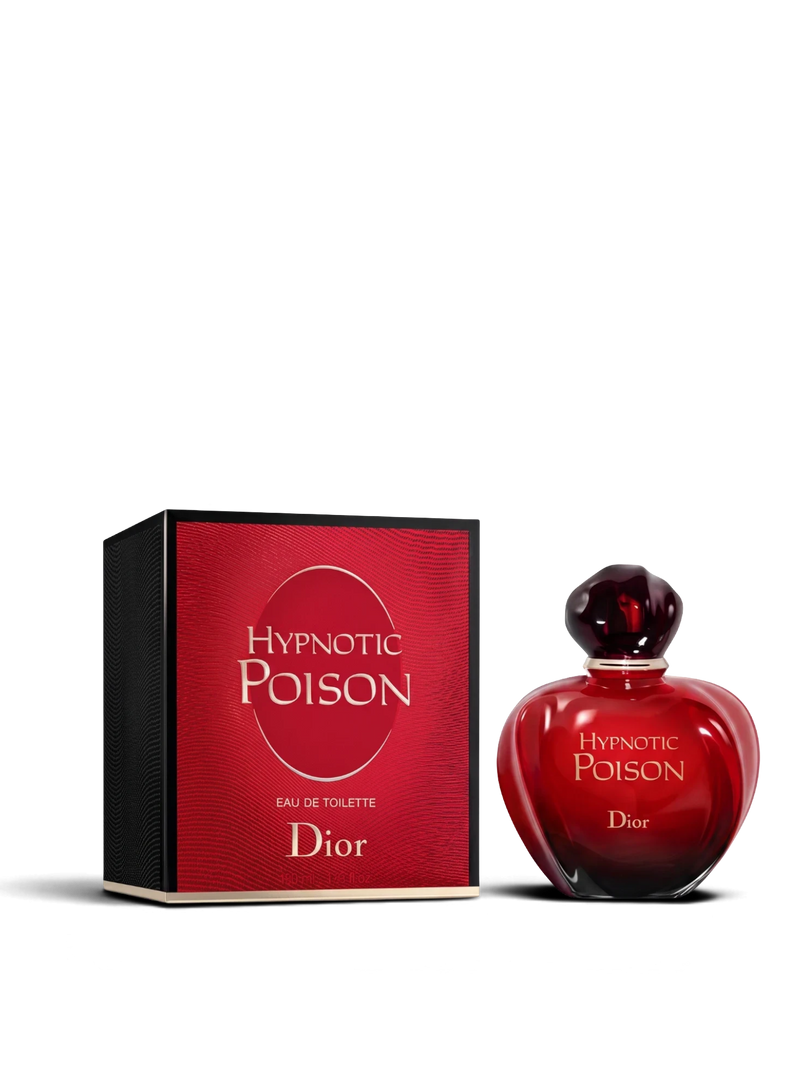 euaden Dior Hypnotic Poison EDT kadın parfümü, ikonik kırmızı cam şişesi ve uyumlu kırmızı kutusu ile birlikte.