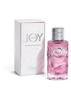 euaden Dior Joy Intense kadın parfümü, pembe cam şişesi ve beyaz kutusu ile zarif çiçeksi ve odunsu koku tasarımı