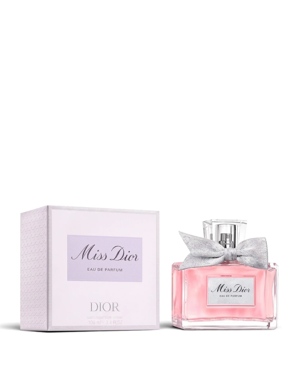 euaden DIOR Miss Dior kadın parfümü, pembe cam şişesi ve ikonik gümüş fiyonk detayı ile kutusuyla birlikte.