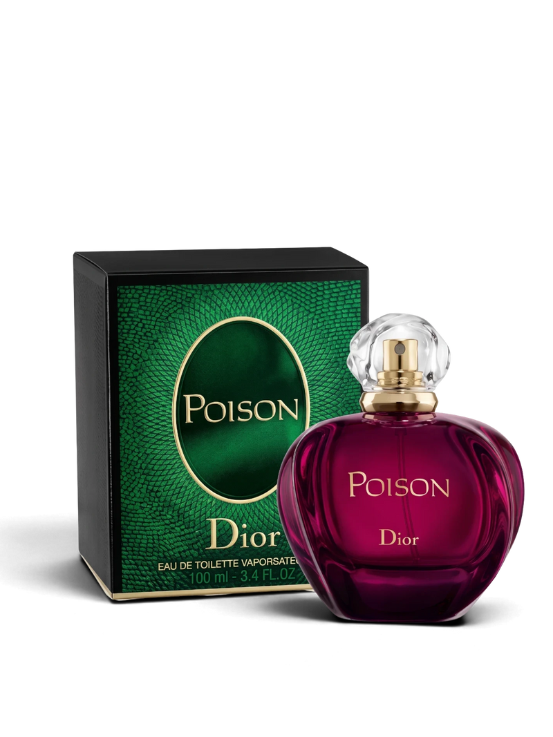 euaden Dior Poison kadın parfümü, ikonik mor şişesi ve yeşil desenli kutusuyla lüks bir koku deneyimi sunuyor.