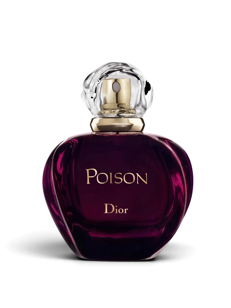 euaden Dior Poison kadın parfümü, ikonik koyu mor cam şişesi ve şeffaf kapağı ile 50 ml EDT