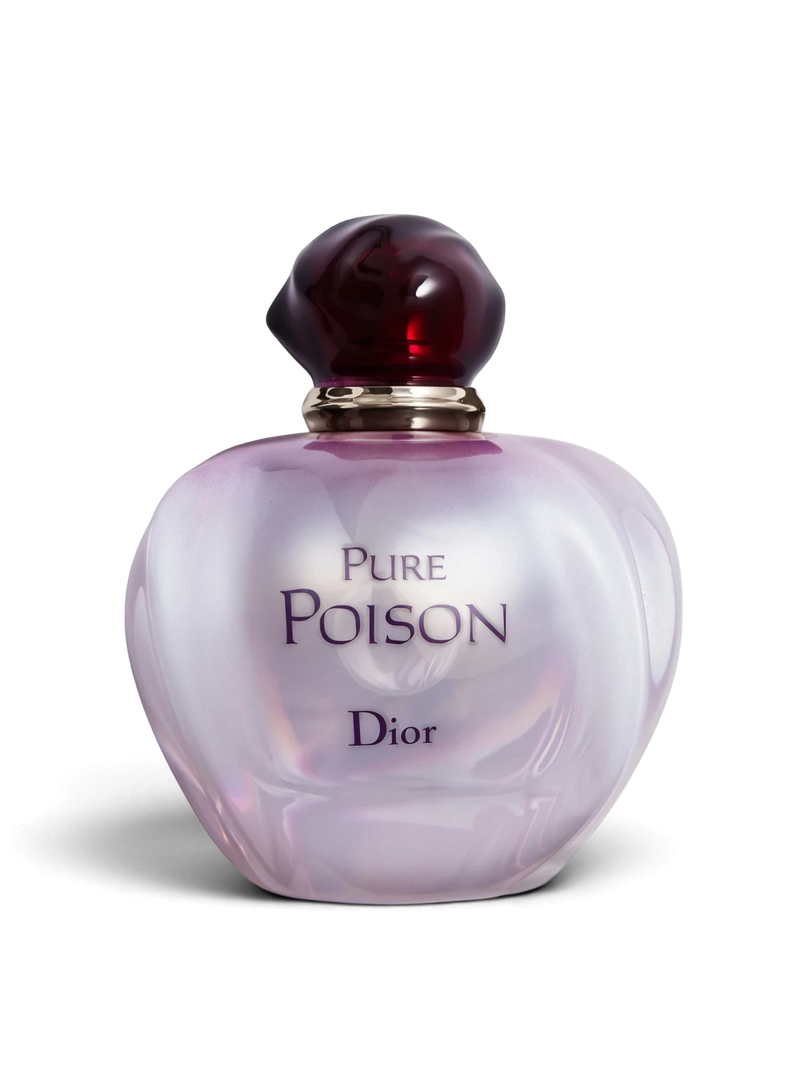 euaden Dior Pure Poison kadın parfümü, sedefli cam şişesi ve koyu mor kapağı ile 100 ml EDP tasarımı.