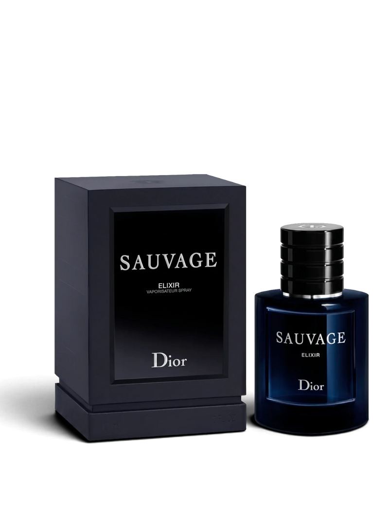 euaden Dior Sauvage Elixir erkek parfümü ve şık siyah kutusu, yoğun ve odunsu notalara sahip lüks parfüm şişesi