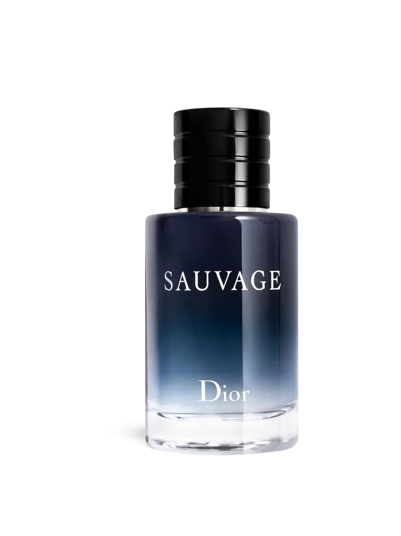 euaden Dior Sauvage erkek parfümü, lacivert degrade cam şişesi ve siyah kapağı ile ikonik modern tasarım