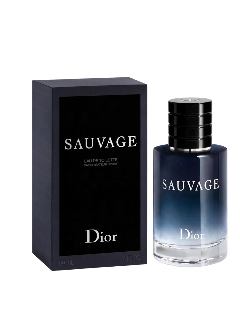 euaden Dior Sauvage erkek parfümü, koyu mavi cam şişesi ve siyah kutusu ile modern ve maskülen bir tasarım sunuyor.