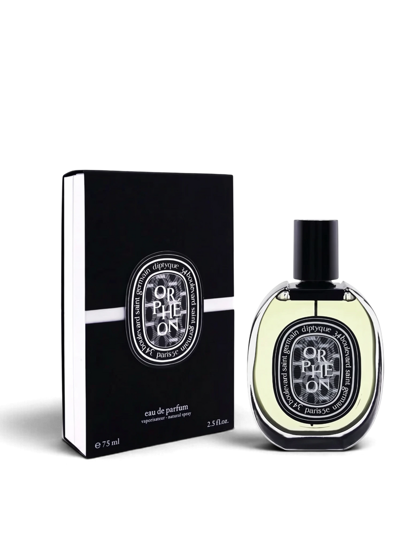euaden tarafından sunulan, siyah beyaz kutusuyla birlikte 75 ml Diptyque Orphéon unisex odunsu parfüm şişesi