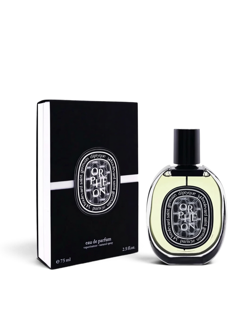 euaden tarafından sunulan, siyah beyaz kutusuyla birlikte 75 ml Diptyque Orphéon unisex odunsu parfüm şişesi