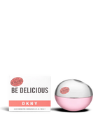 euaden DKNY Be Delicious Fresh Blossom kadın parfümü, ikonik elma şekilli pembe şişesi ve beyaz kutusu ile
