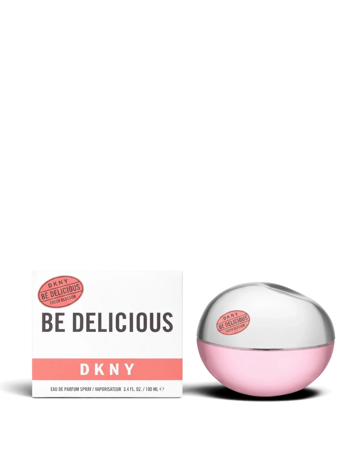 euaden DKNY Be Delicious Fresh Blossom kadın parfümü, ikonik elma şekilli pembe şişesi ve beyaz kutusu ile