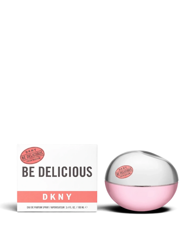 euaden DKNY Be Delicious Fresh Blossom kadın parfümü, ikonik elma şekilli pembe şişesi ve beyaz kutusu ile