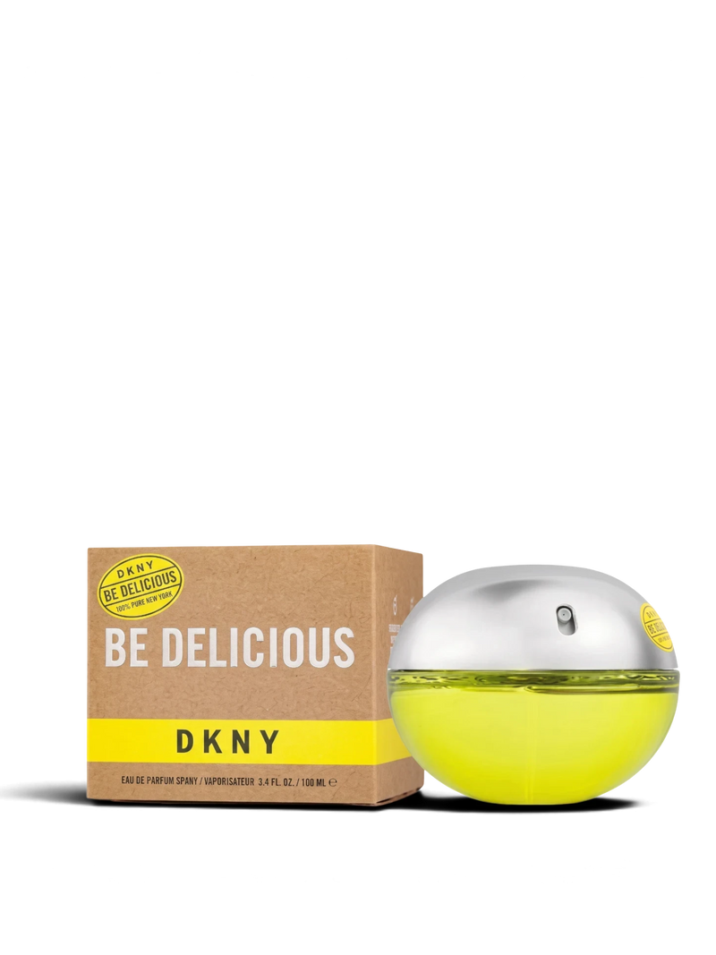 euaden DKNY Be Delicious kadın parfümü, ikonik elma şeklindeki yeşil şişesi ve kraft kutusu ile