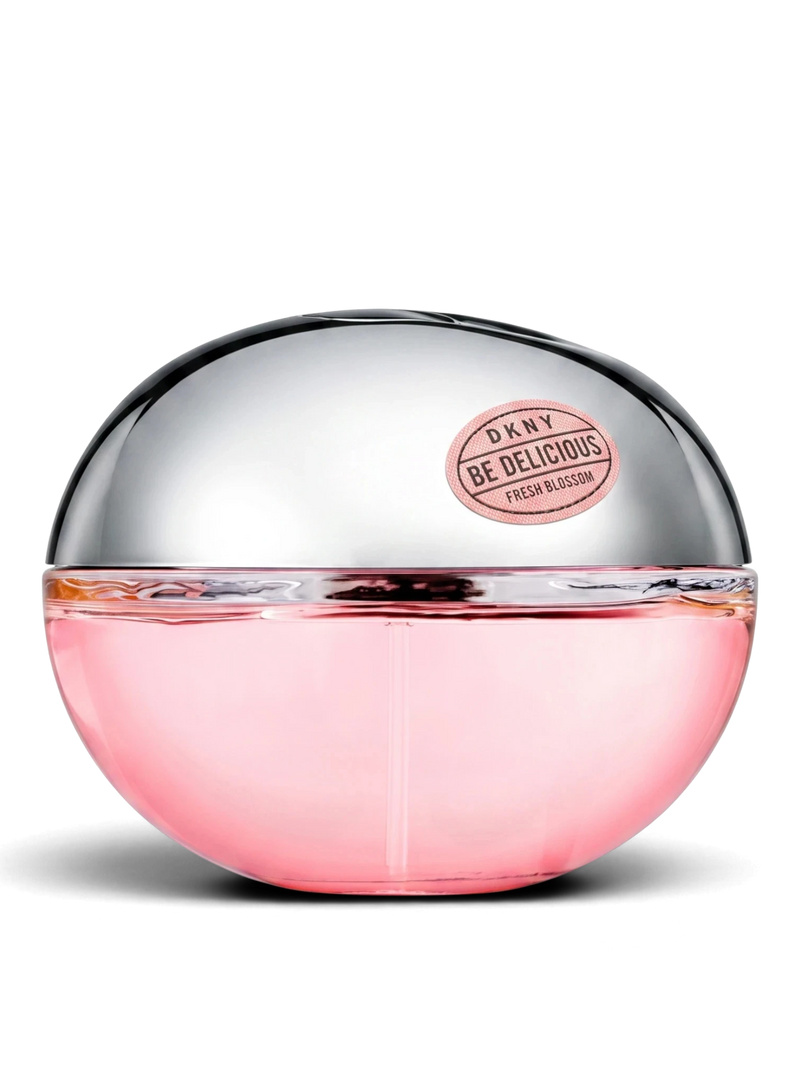 euaden DKNY Be Delicious Fresh Blossom kadın parfümü, ikonik elma şeklindeki pembe cam şişesi ve metalik kapağıyla