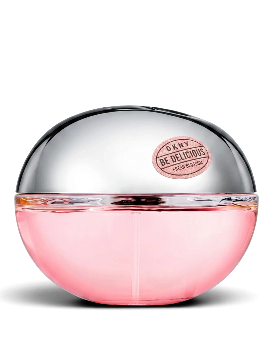 euaden DKNY Be Delicious Fresh Blossom kadın parfümü, ikonik elma şeklindeki pembe cam şişesi ve metalik kapağıyla