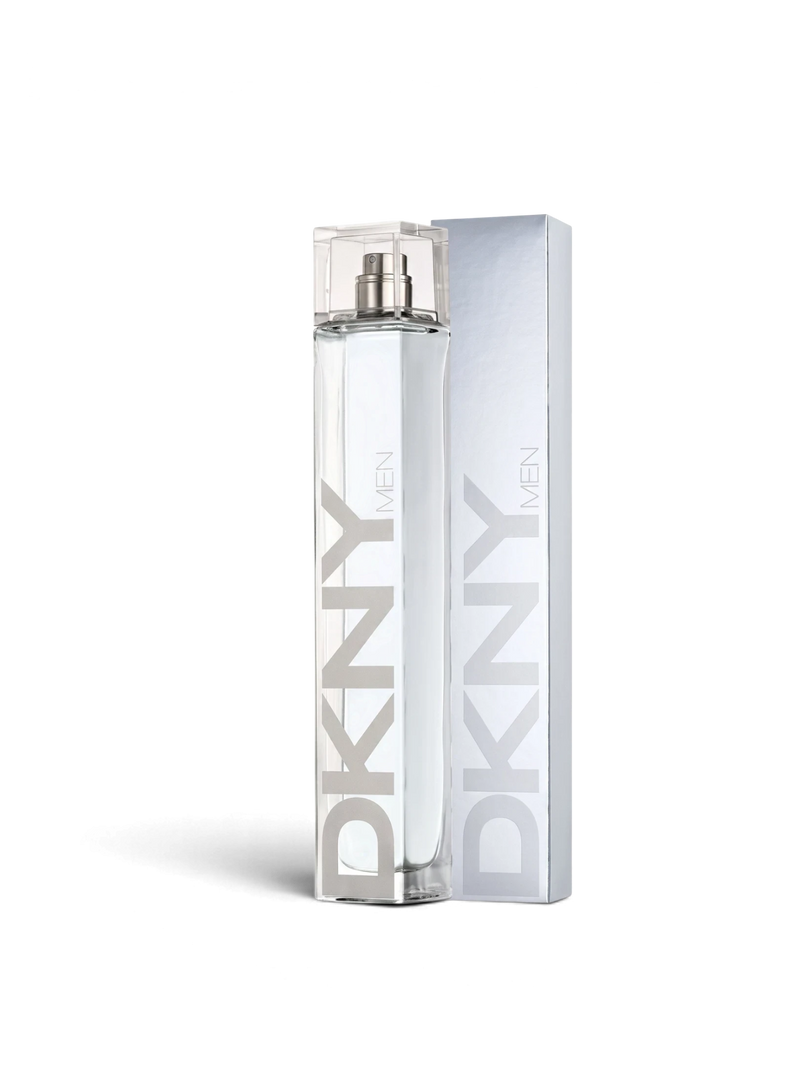 euaden DKNY Men EDT erkek parfümü, şık ve uzun cam şişesi ile gümüş renkli orijinal kutusuyla birlikte.