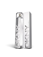 euaden DKNY Woman EDT parfüm şişesi ve gümüş renkli kutusu, modern ve minimalist tasarım