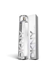 euaden DKNY Woman EDT parfüm şişesi ve gümüş renkli kutusu, modern ve minimalist tasarım