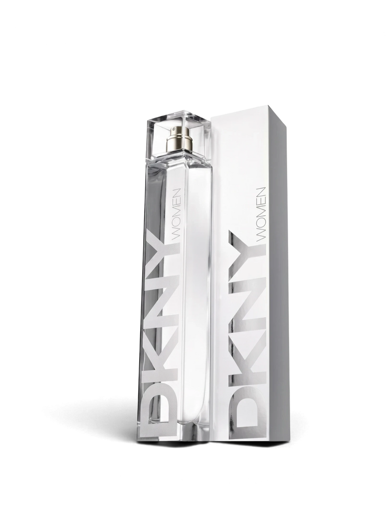 euaden DKNY Woman EDT parfüm şişesi ve gümüş renkli kutusu, modern ve minimalist tasarım