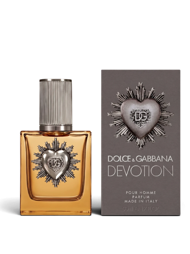 euaden Dolce & Gabbana Devotion For Men EDP parfüm şişesi ve gri kutusu, üzerinde ikonik metal kalp amblemi ile