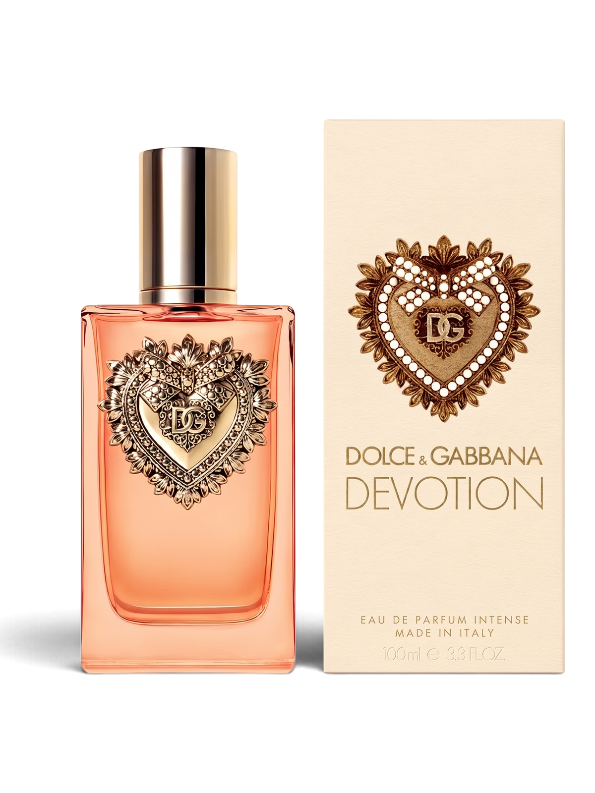 euaden Dolce & Gabbana Devotion Intense kadın parfümü, üzerinde ikonik altın kalp amblemi bulunan 100 ml cam şişe