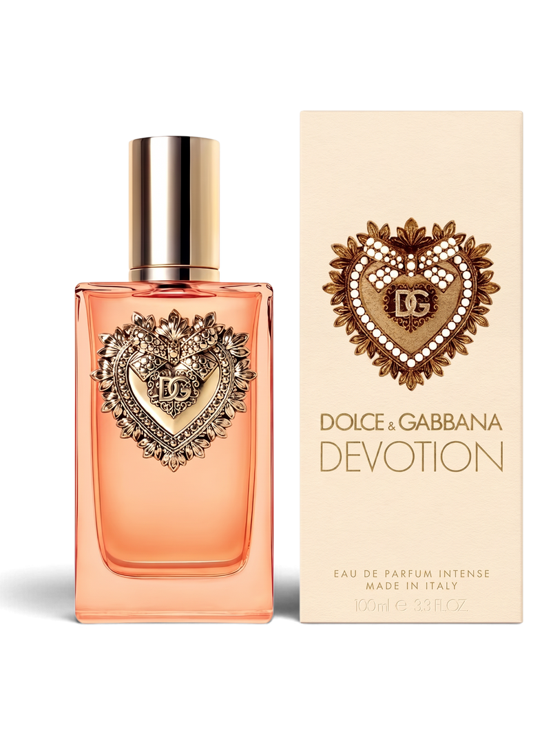 euaden Dolce & Gabbana Devotion Intense kadın parfümü, üzerinde ikonik altın kalp amblemi bulunan 100 ml cam şişe