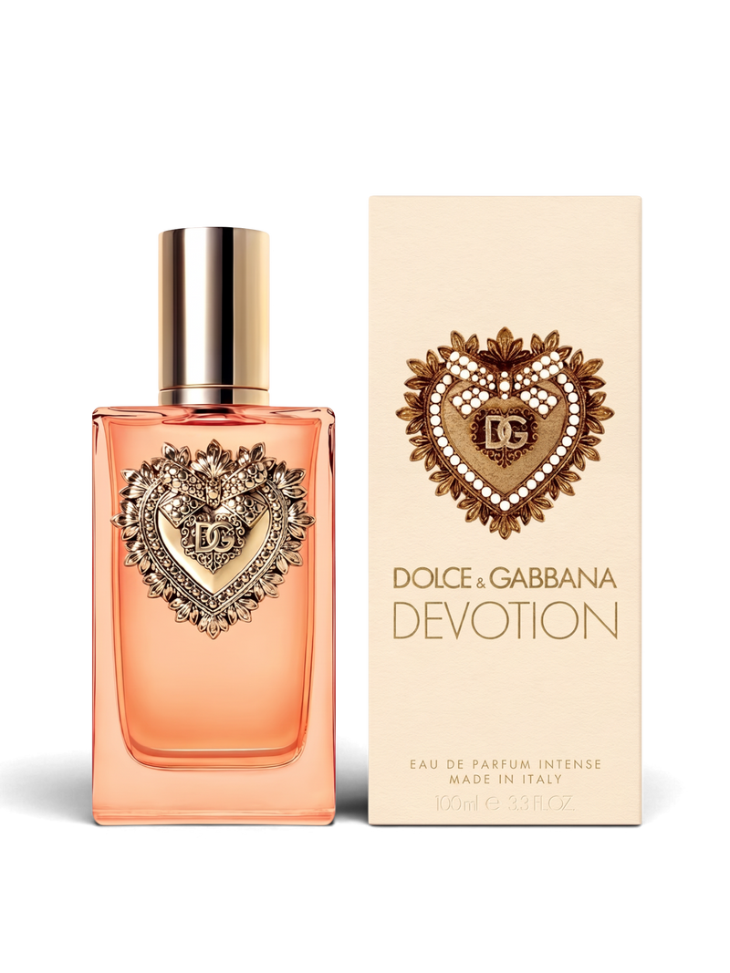 euaden Dolce & Gabbana Devotion Intense kadın parfümü, üzerinde ikonik altın kalp amblemi bulunan 100 ml cam şişe