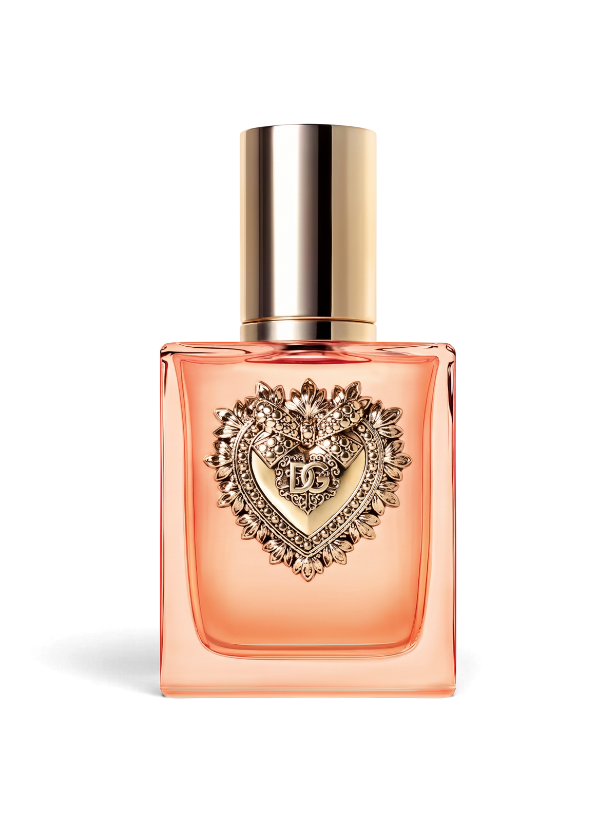 euaden Dolce & Gabbana Devotion Intense kadın parfümü, üzerinde altın rengi kalp sembolü bulunan şık cam şişe
