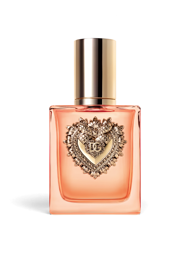 euaden Dolce & Gabbana Devotion Intense kadın parfümü, üzerinde altın rengi kalp sembolü bulunan şık cam şişe