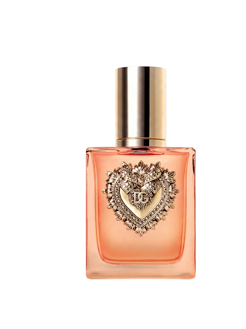 euaden Dolce & Gabbana Devotion Intense kadın parfümü, üzerinde altın rengi kalp sembolü bulunan şık cam şişe