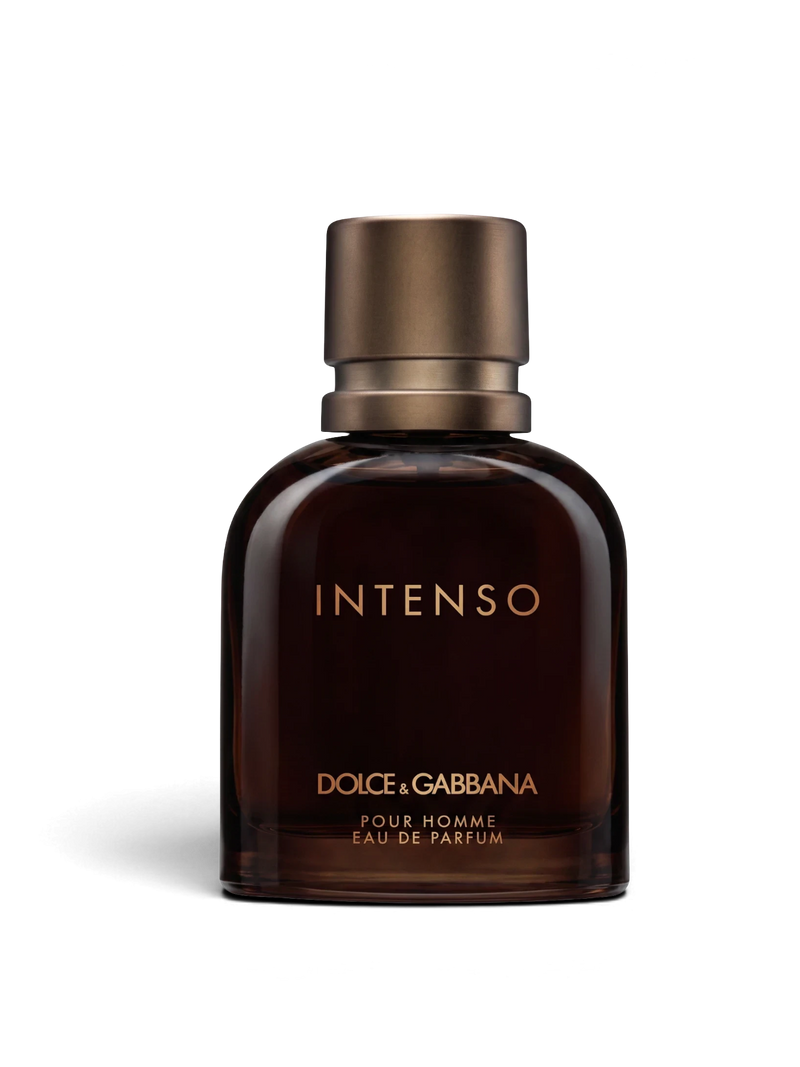 euaden Dolce & Gabbana Pour Homme Intenso 125 ml erkek parfümü, koyu kahverengi cam şişe ve bronz kapak tasarımı