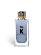 euaden Dolce & Gabbana K erkek parfümü, üzerinde altın renkli kral tacı kapağı bulunan şık cam şişe tasarımı